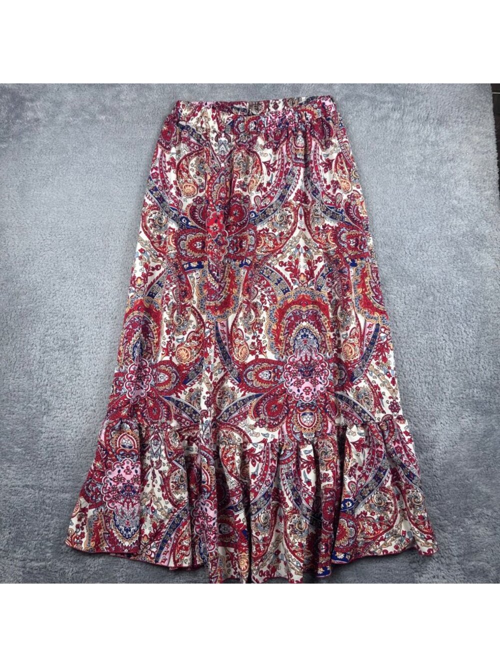 Bohemian Paisley Print Maxi Skirt With Ruffle Hem Elastic Waist Large 100% Polye